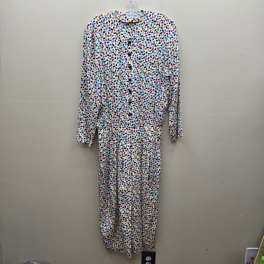 VTG Albert Nipon 100% Silk Colorful Confetti Print Button Front Dress 10 1980's